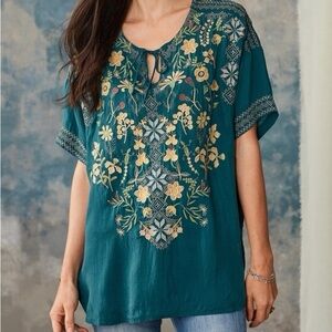 Johnny Was Darlyn Biya Teal Floral Embroidered Blouse Size medium